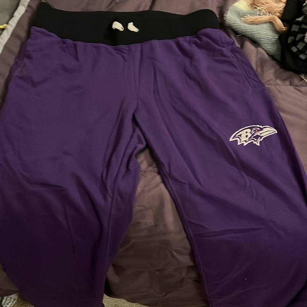 Baltimore Ravens sweatpants, size M, purple and wide legged bottom. Vintage